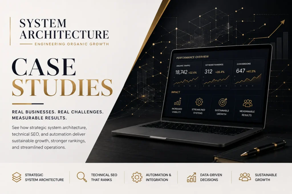 System Architecture Business Optimization Case Studies, where we fixed businesses to rank in local searches as well as updating their backend to handle the volume.